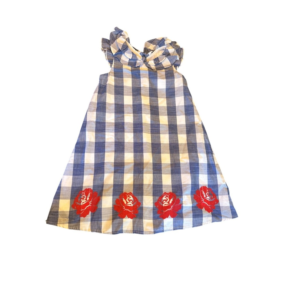 Janie & Jack Girls Blue & White Checkered Dress  Red Floral‎ Detail Size 10